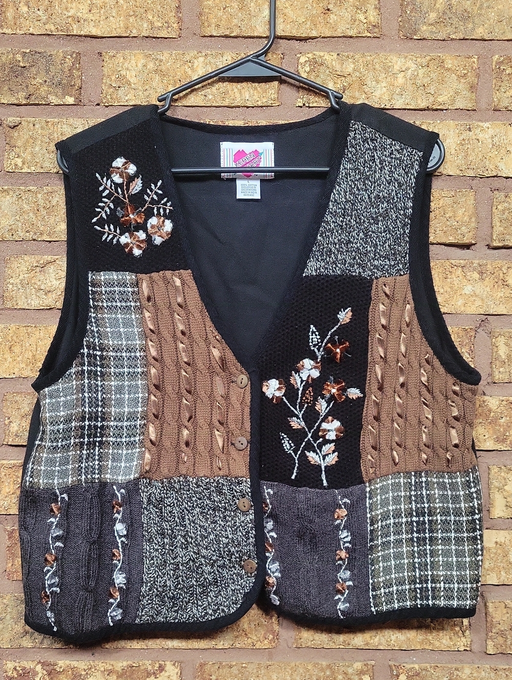 KEREN Hart Embroidered Patchwork Sweater Vest Size Large Cotton Brown Black Fall